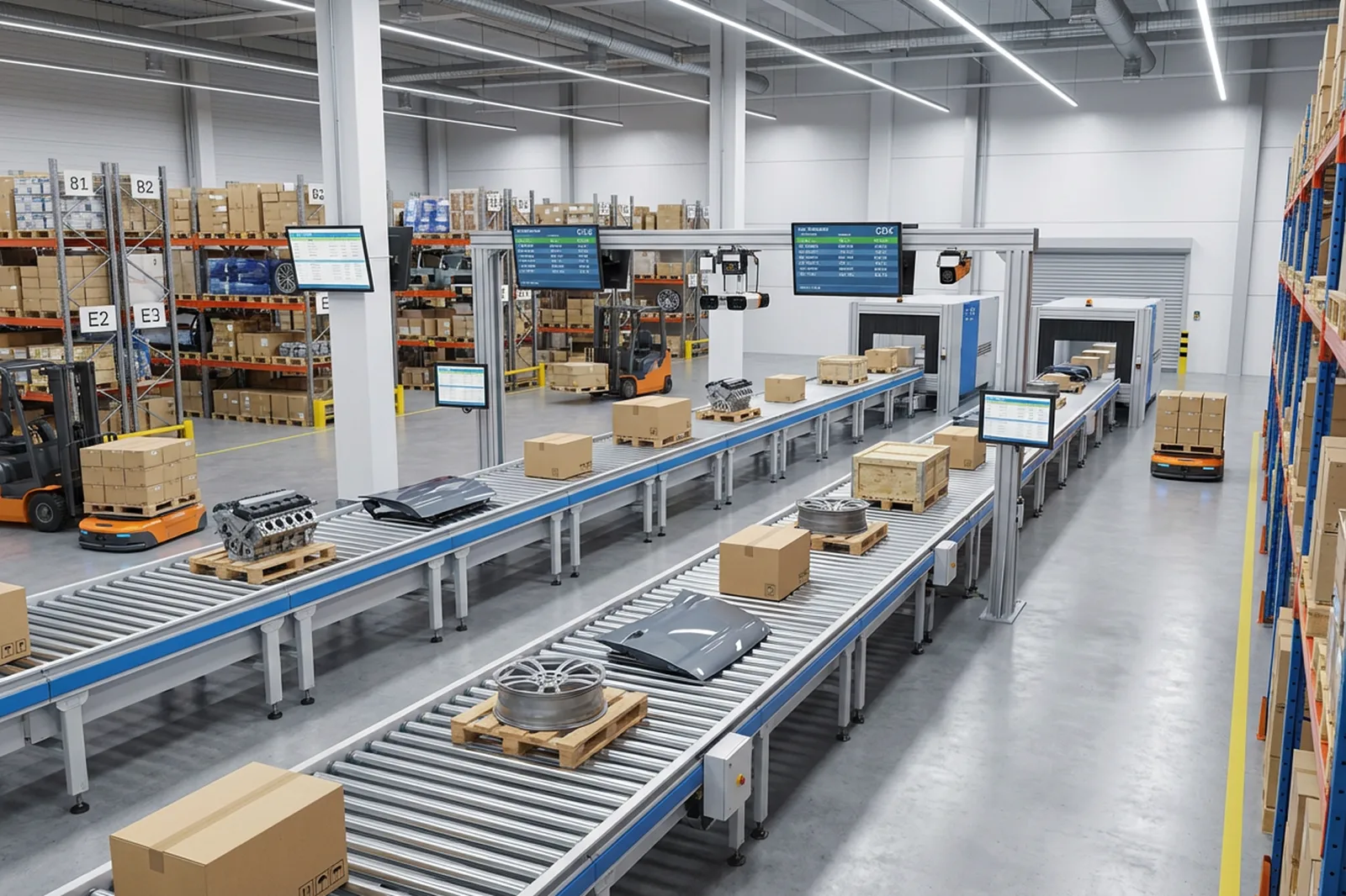 Products moving along a scanning conveyor during warehouse inbound